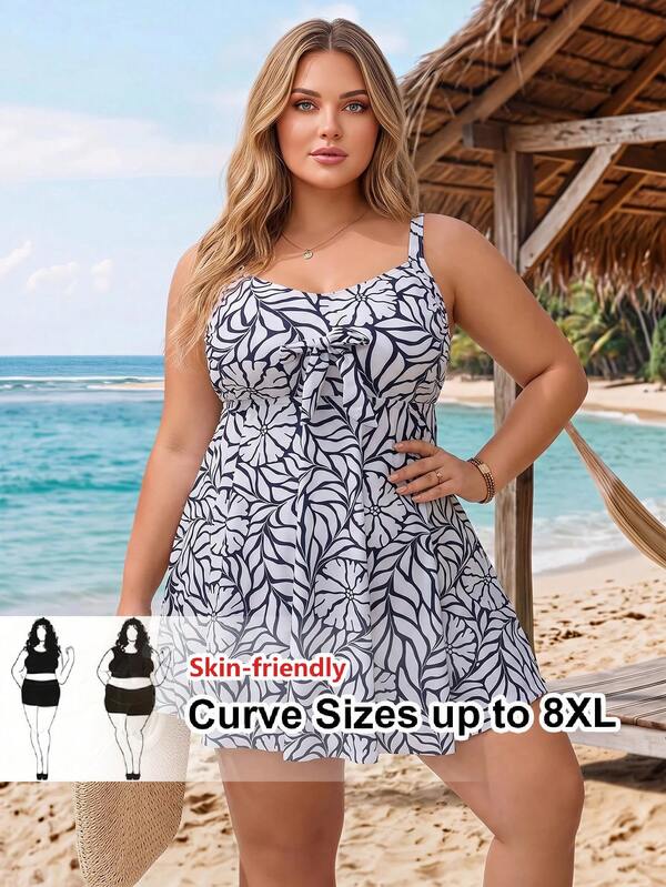 SHEIN CURVE+ Conjunto de bikini de 2 piezas de talla grande con estampado y cobertura de abdomen, nuevo y sexy para el verano 2026, ideal para vacaciones en la playa