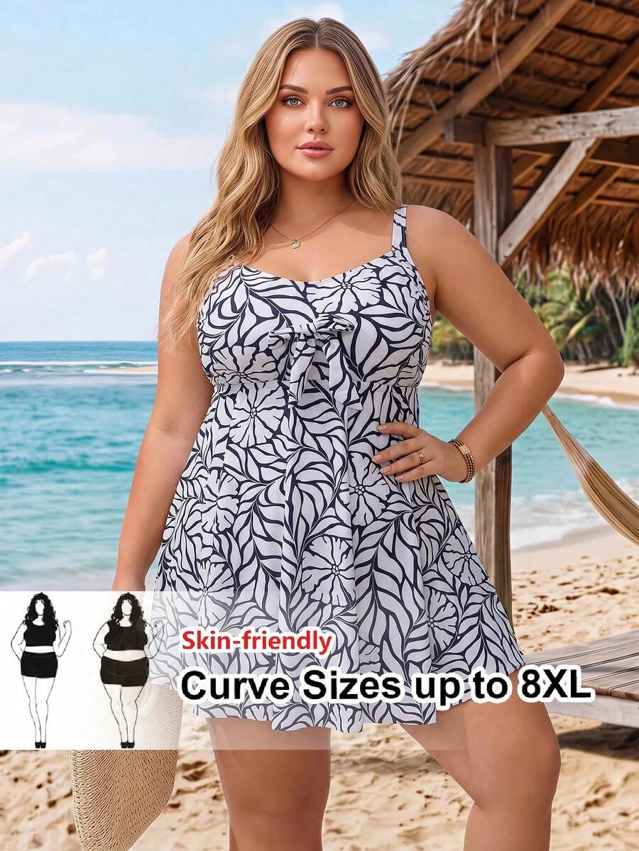 SHEIN CURVE+ Set Bikini Tank Top 2 Potong Ukuran Plus Seksi Terbaru Musim Panas 2026 dengan Motif Cetak untuk Liburan Pantai - MultiWarna - View 1