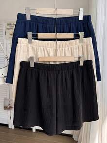 Comfortcana Conjunto de 3 piezas de pantalones cortos de lino de unicolor/multicolor cómodos casuales versátiles talla grande para primavera/verano - azul real - Ver 4