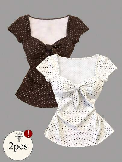 IslaSuriya Plus Size Women's Polka Dot Print Front Knot Short Sleeve Casual T-Shirt