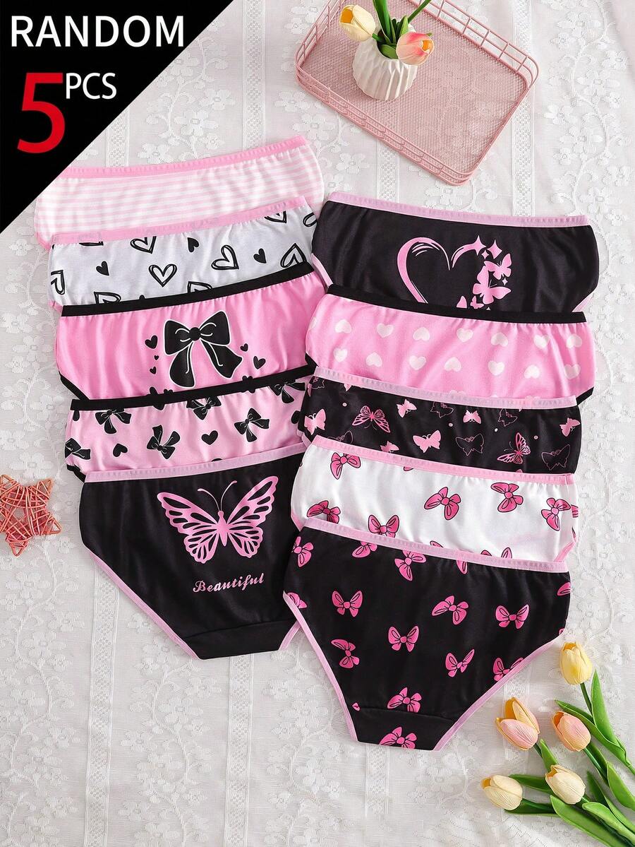 SHEIN 【5入隨機】青少年女孩三角內褲 可愛蝴蝶結 蝴蝶愛心花卉印花 黑色粉色 柔軟內褲 - 彩色 - 查看 1