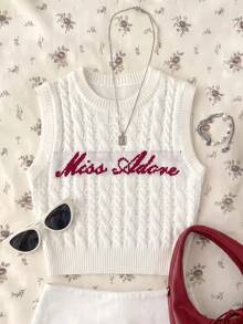 SHEIN MOD 女士无袖字母图案针织上衣、返校服装、羊毛上衣、冬季女装、可爱羊毛背心、新年毛衣 - 白色 - 查看 1