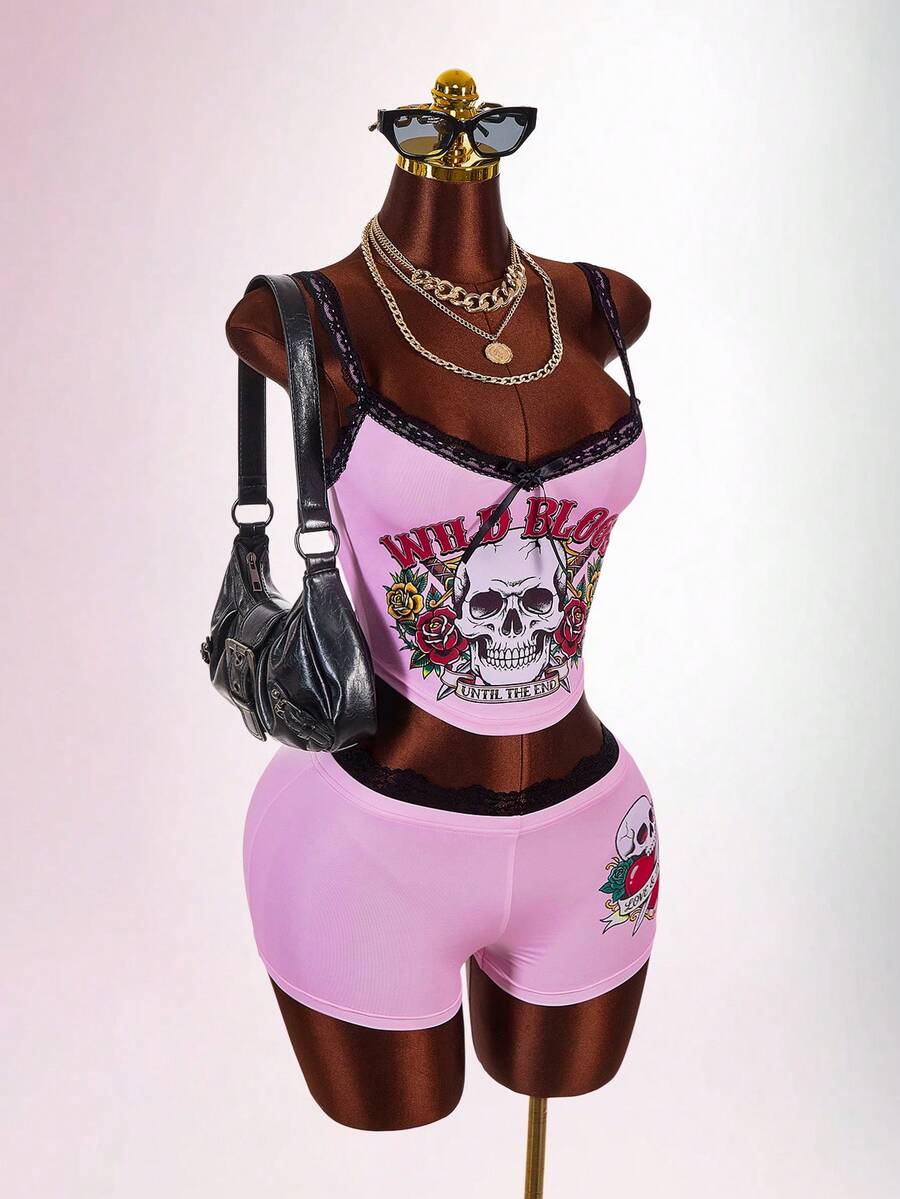 Amplova Contrast Color Lace Patchwork Bowknot Decor Tank Top & Ultra Low Waist Lace Patchwork Folded Waist Mini Super Short Shorts 2pcs Set - Pink - View 1