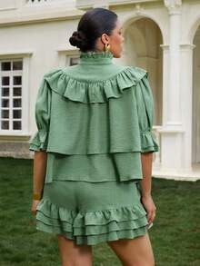 VOLUPTÉ CURVE Plus Size Women's Summer Green Faux Linen Stand Collar Puff Sleeve Set, Ruffle Crop Casual Commute Vacation Two Pieces Set Fall - Green - View 8