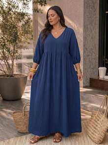 SHEIN CURVE+ 大尺碼 V 領七分袖海軍藍紋理布料長版寬鬆洋裝，2026 冬季 22W - 藏蓝色 - 查看 4