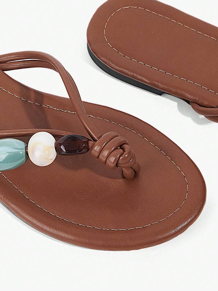 Grefit Women's Shoes Camel Fashion Vacation Beaded Angle Flip-Flops - Camel T - View 10