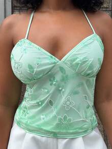 Alexandranx 春夏純色綠色掛脖優雅串珠花卉露背吊帶上衣，適合海灘度假，亮片休閒風 - 綠色 - 查看 6