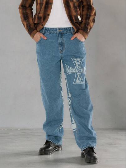 FORM&CHAOS Men's Summer Loose Fit Printed Street Style Light Wash Denim Jeans