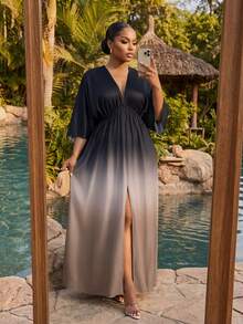 SHEIN Lady CURVE Gaun Kasual Lengan 3/4 Belahan Bawah dengan Warna Gradien untuk Wanita Ukuran Besar - MultiWarna - View 4