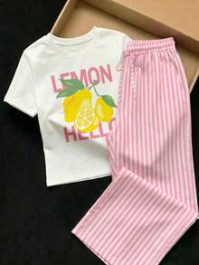 Comfortcana 女款休閒短袖T恤與條紋長褲套裝，夏季穿搭，檸檬印花、條紋印花，適合日常通勤、約會、聚會，秋冬春夏，聖誕節、新年、感恩節、派對、婚禮、海灘、畢業典禮，時尚優雅休閒，適合外出、約會、通勤 - 彩色 - 查看 6