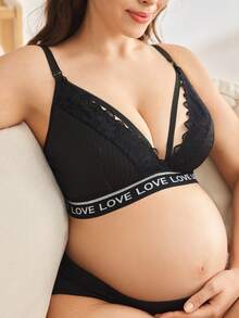 Moonlight&Mama Letter Webbing Black Plus Size Maternity Nursing Bra Comfortable 1pc Summer Sexy - Black - View 1