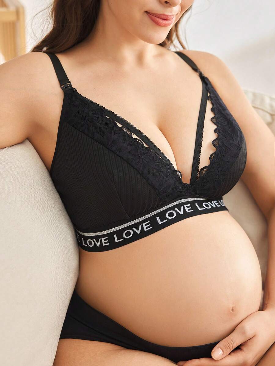 Moonlight&Mama Letter Webbing Black Plus Size Maternity Nursing Bra Comfortable 1pc Summer Sexy - Black - View 1