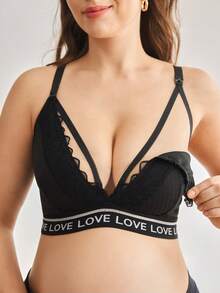 Moonlight&Mama Letter Webbing Black Plus Size Maternity Nursing Bra Comfortable 1pc Summer Sexy - Black - View 7