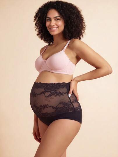 SHEIN Maternity High Waist Comfortable Lace Stitching Underwear, Black