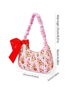 Strawberry Shortcake X SHEIN Tas Selempang Motif Gadis Stroberi dengan Tali Bergelombang & Dekorasi Pita, Tas Bahu Kotak-kotak Lucu untuk Penggunaan Sehari-hari - Berwarna merah muda - View 9