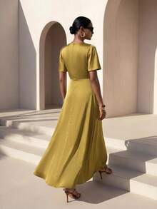 Zivah Women's Elegant Solid Color Waist-Cinching Long Dress - Mustard Yellow - View 2