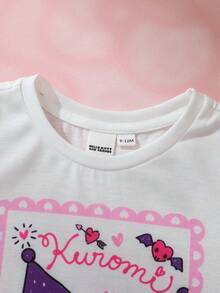 HELLO KITTY AND FRIENDS | SHEIN 女嬰圓領字母卡通印花休閒日常短袖上衣 - 白色 - 查看 3