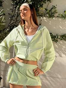 Fluxe Women Mint Green UV Protection Zip Up Hooded Cropped Jacket Long Sleeve Lightweight Sun Protection Gym Running Hiking Athletic Sportswear - Mint Green - View 3