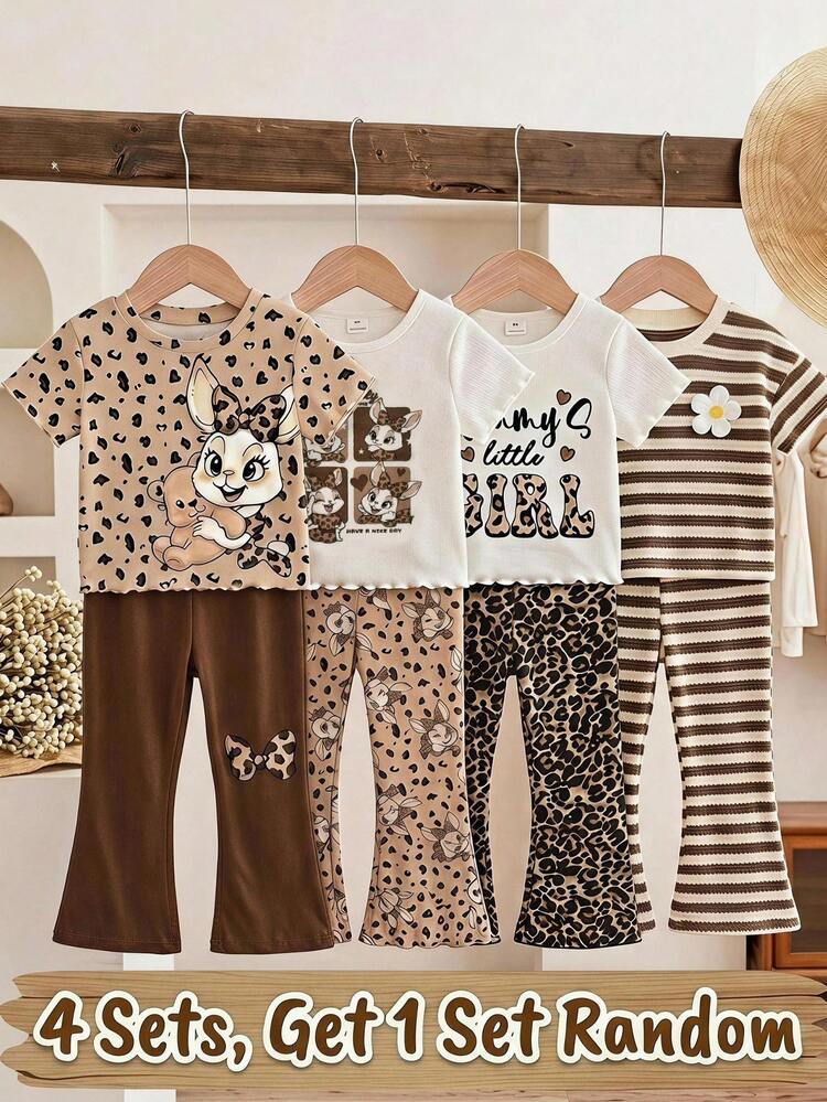 SHEIN 少女卡通兔子印花短袖T恤與喇叭褲套裝 - 彩色 - 查看 1