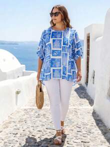 EMERY ROSE Blusa de verano casual de talla grande con estampado de criaturas oceánicas azules, top de verano azul y blanco para vacaciones en la playa - Azul y blanco - Ver 4