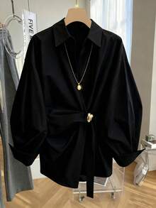 GlowEve CURVE Plus Size Women's V-Neck Pleated Fashion Blouse Fall - Black - View 6