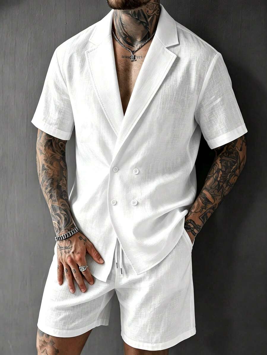 Manfinity Homme Men's Short Sleeve Shirt And Shorts Set, Bamboo Texture Rayon Polyester Skin-Friendly Shirt Set - White - View 1
