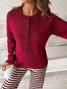 SHEIN Women Sweater With Button Dark Red Brunch Office Autumn Casual French - Burgundy - View 6