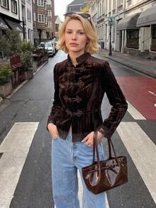 Struktiv Damen Herbst/Winter Mode Stehkragen Samt glänzend Froschknopf Kontrast Spitze chinesischer Stil Lässig Outdoor Shopping Party Jacke - Braun - Übersicht 7