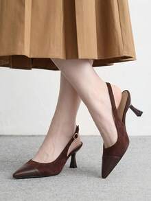CUCCOO BIZCHIC Women Slingback Heels Mixed Material Design Pointed Toe Elegant Office Shoes - Brown - View 3