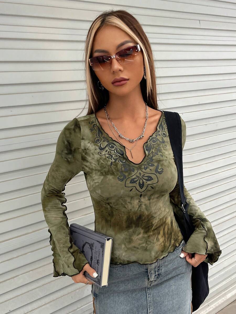 SHEIN ICON 紮染缺口領木耳邊荷葉袖T恤 - 軍綠色 - 查看 1