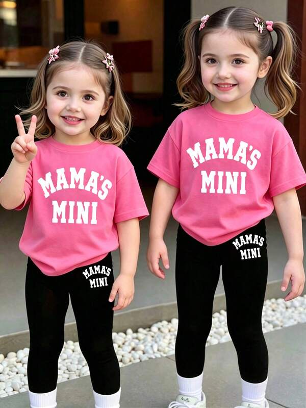SHEIN Baby Girls 2pcs/Set Casual Fashion Versatile Spring/Summer Infant Toddler T-Shirt Set, Cute Sweet Rose Pink Top With Simple English Graphic, Loose Round Neck Short Sleeve T-Shirt And Black Leggings 2-Piece Set, Spring/Summer Outfit For Casual Wear, Back To School, Party