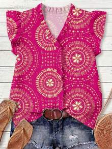 Mellowie Camisa de vacaciones con estampado floral y puños con volantes, talla grande - Multicolor - Ver 1