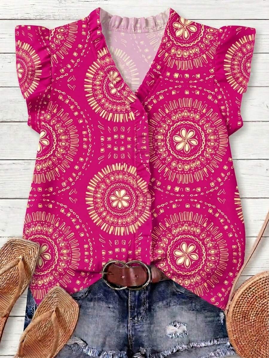 Mellowie Camisa de vacaciones con estampado floral y puños con volantes, talla grande - Multicolor - Ver 1
