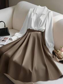 Franclia Elegant Fashion Shiny Fabric Top And Pleated Midi Skirt 2 Pieces Set, Suitable For Autumn/Winter - Multicolor - View 6