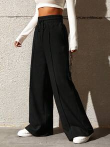 SHEIN Tall CURVE 大码女式休闲宽松直筒裤 - 黑色 - 查看 4
