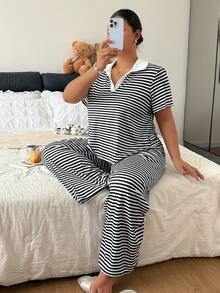 Napfluff CURVE Napfluff CURVE Black And White Striped Contrast Color Lapel V-Neck Short Sleeve Loose Fit Versatile Cute Plus Size Pajama Set Summer - Multicolor - View 4