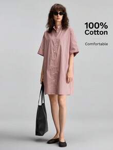 Ontre 女款舒適粉色條紋短袖襯衫洋裝 夏季波希米亞風休閒度假穿搭 海邊現代都市早午餐造型 - 粉色 - 查看 4