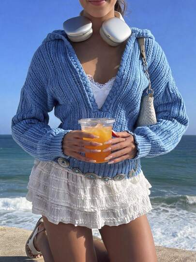 Soleia Suéter con capucha de manga larga y cuello en V de punto de cable color caramelo para mujer, adecuado para uso casual, citas, té de la tarde, playa, vacaciones en crucero, viaje por carretera, vacaciones en la ciudad, fiestas