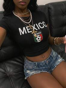 Fiercella Fiercella 女款夏季短版T恤 墨西哥國旗 世界盃 Y2K 龐克風露腰短袖綠色Baby Tee - 黑色 - 查看 1