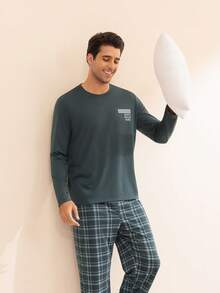 SHEIN Men's Casual Plaid Loungewear Set - Olive Green - View 7