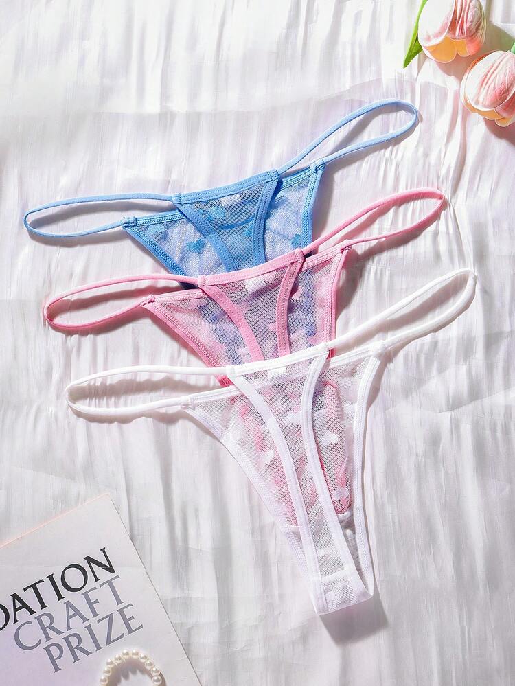 SHEIN 3pcs Romantic Sexy Lace Japanese Style Thongs Navy Blue Pink White Summer - Multicolor - View 2