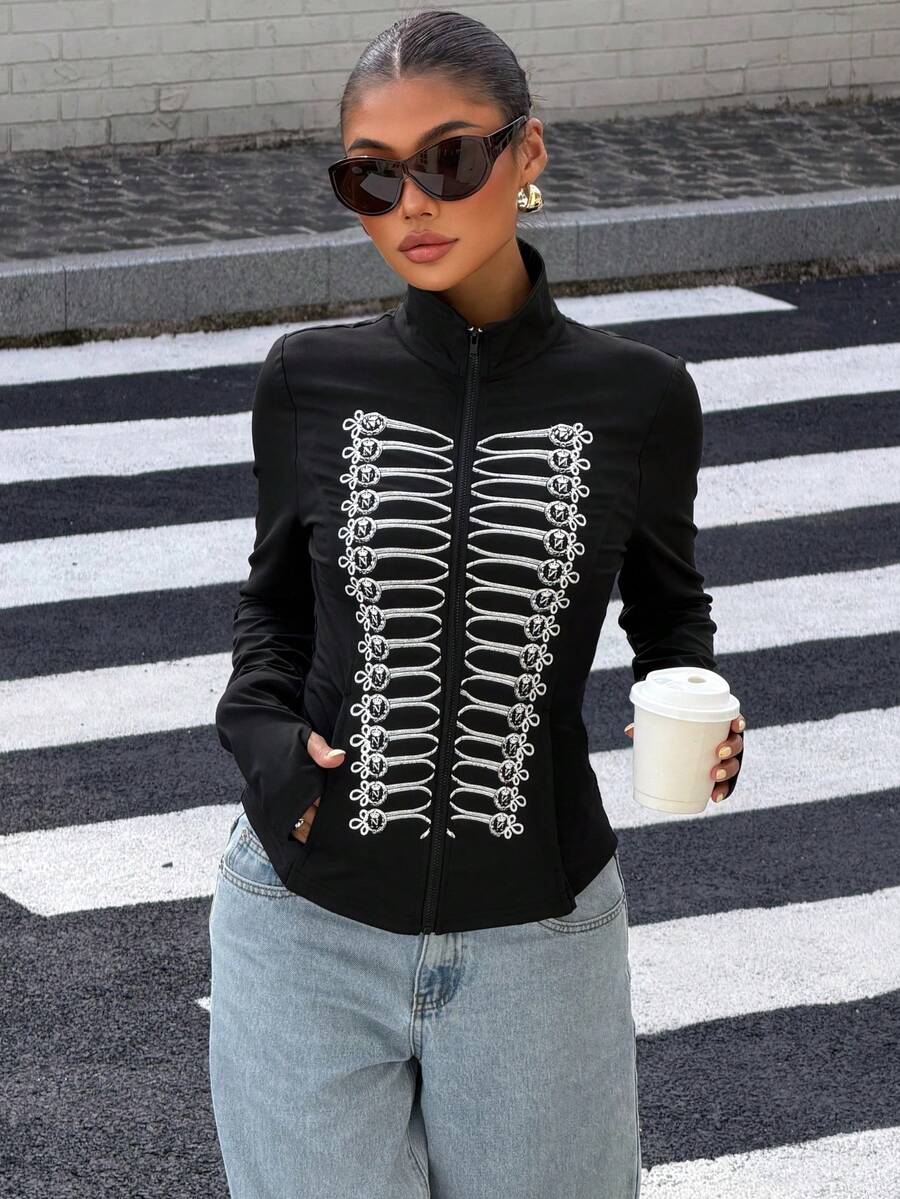 Muchica Black Fitted Women's Long-Sleeve Knit Sun-Protection Jacket, Featuring A Vintage Napoleon-Style Print And Pockets. - Black - View 1