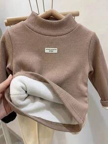 (1 Buah Acak) Atasan Lengan Panjang Rajut Lucu Warna Polos Motif Huruf untuk Bayi Laki-laki Musim Gugur/Dingin dengan Lapisan Termal - Coklat - View 2