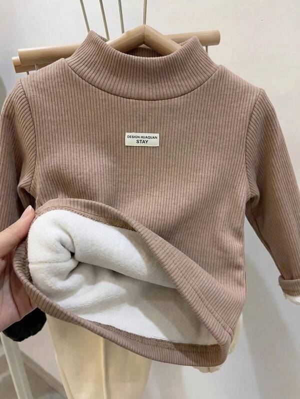 Baby Boy Autumn/Winter Cute Knit Solid Color Letter Graphic Thermal Lined Long Sleeve Top