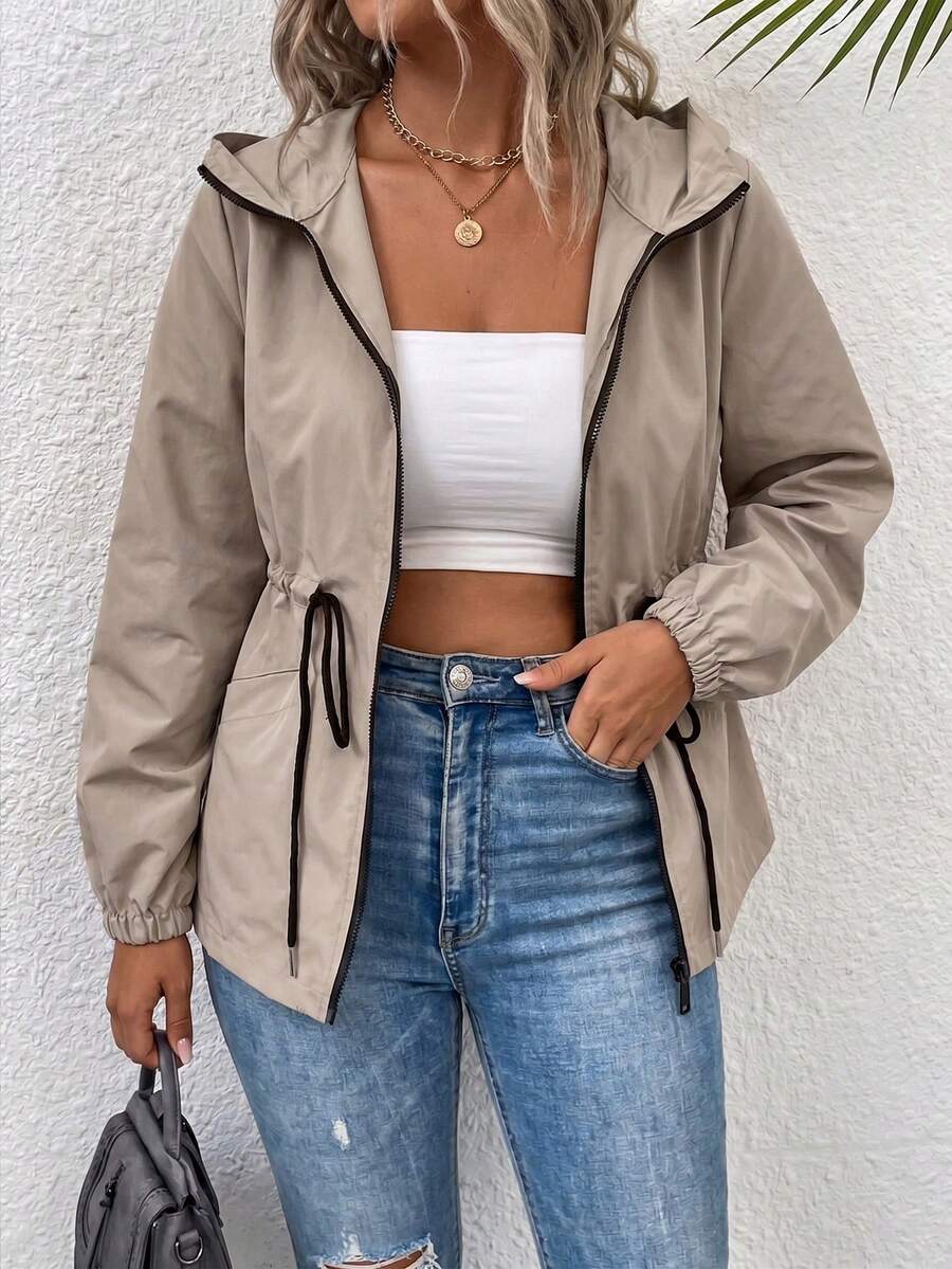 SHEIN LUNE CURVE Plus Size Women's Hooded Drawstring Short Windbreaker Jacket, Loose Fit Cuffed Sleeve Thin Utility Jacket, Casual Slimming Versatile Sun Protection Coat - Camel - View 1