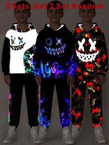 SHEIN 隨機發貨 2件組兒童青少年男孩休閒萬聖節日常百搭舒適印花圖案連帽衛衣寬鬆套頭長袖運動衫與寬鬆慢跑運動長褲針織衛衣套裝 - 黑色 - 查看 5
