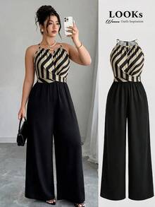 Weeklong Plus Size Women Spring/Summer Positioned Print Solid Color Matching Top And Bottom Elegant Jumpsuit - Multicolor - View 1