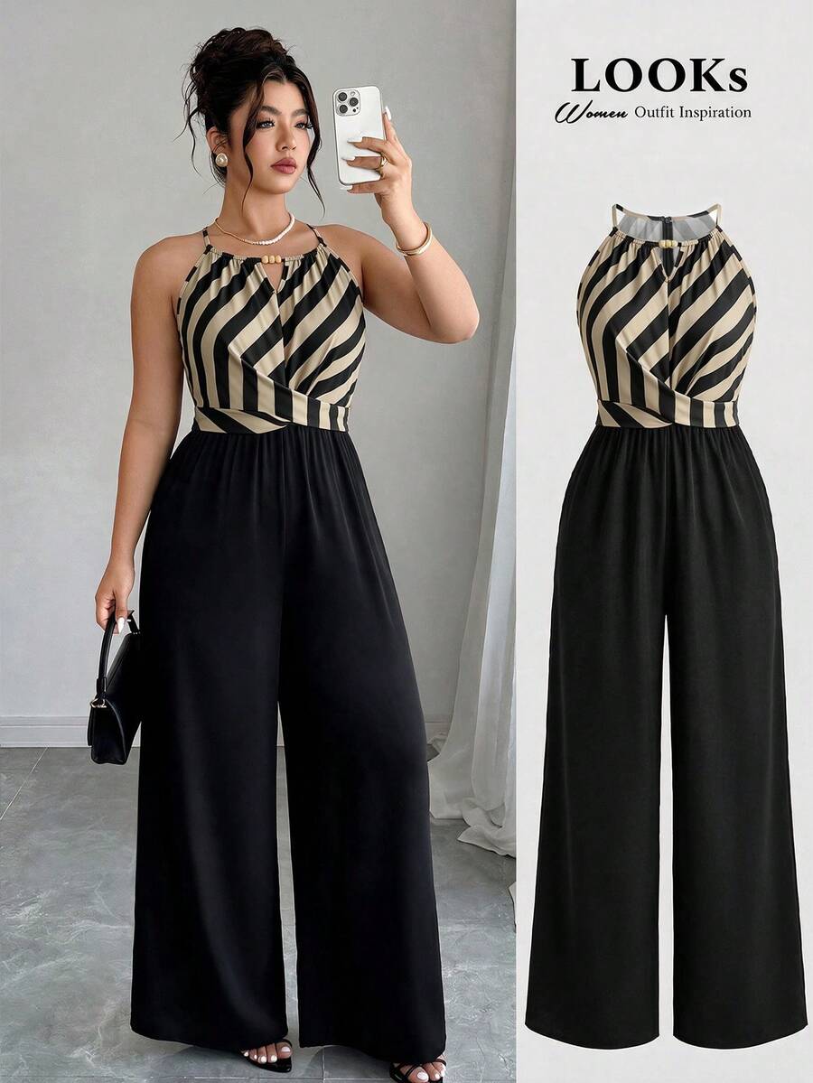 Weeklong Mono elegante de talla grande para mujer con estampado posicionado y color liso a juego, top y pantalón, primavera/verano - Multicolor - Ver 1