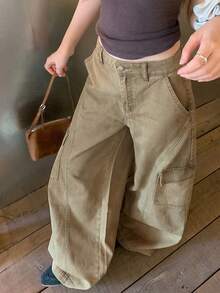 Livesso Women's Casual Versatile Daily Travel Denim Jeans With Pockets And Buttons Fall - Army Green - View 7