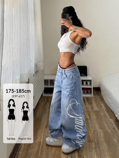 StreetHx Tall Women's Casual Versatile Daily Travel Denim Jeans With Pockets, Buttons And Letter Pattern